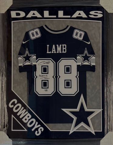 Dallas Cowboys CeeDee Lamb Hand Signed Autographed Nike Navy Jersey with America's Team Inscription Framed with Suede Matting, XL 3D Logo, & Cutout Lettering Includes Fanatics Authentic COA