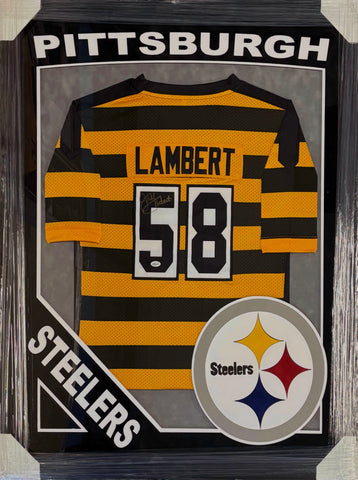 Pittsburgh Steelers Jack Lambert Hand Signed Autographed Jersey Framed with Suede Matting, XL 3D Logo, & Cutout Lettering Includes TSE COA