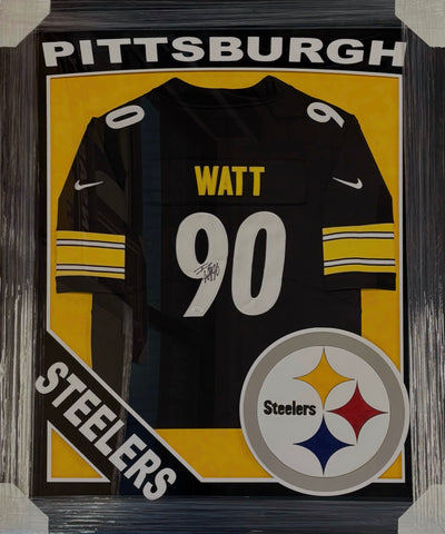 Pittsburgh Steelers T.J. Watt Hand Signed Autographed Nike Black Jersey Framed with Suede Matting, XL 3D Logo, & Cutout Lettering Includes JSA COA