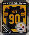 Pittsburgh Steelers T.J. Watt Hand Signed Autographed Black Jersey Framed with Suede Matting, XL 3D Logo, & Cutout Lettering Includes JSA COA