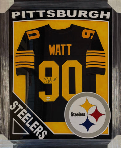 Pittsburgh Steelers T.J. Watt Hand Signed Autographed Black Jersey Framed with Suede Matting, XL 3D Logo, & Cutout Lettering Includes JSA COA