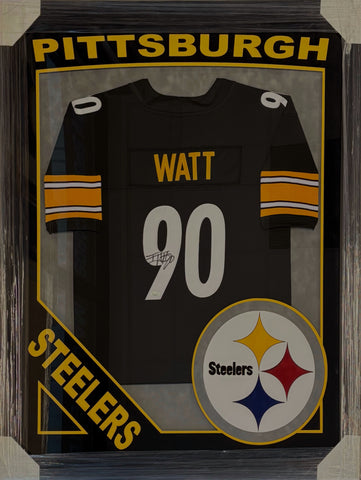 Pittsburgh Steelers T.J. Watt Hand Signed Autographed Black Jersey Framed with Suede Matting, XL 3D Logo, & Cutout Lettering Includes JSA COA