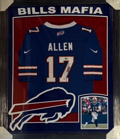 Buffalo Bills Josh Allen Hand Signed Autographed Nike Blue Jersey Framed with Suede Matting, XL 3D Logo, & Cutout Lettering Includes Beckett Witnessed COA
