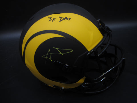 Los Angeles Rams Aaron Donald Hand Signed Autographed Replica Full-Size Matte Black Helmet with 3X DPOY Inscription Includes JSA COA