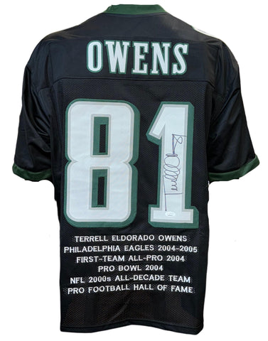 Philadelphia Eagles Terrell Owens Hand Signed Autographed Custom Black Career Achievements Stat Jersey Includes JSA COA