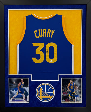 Golden State Warriors Stephen Curry Hand Signed Autographed Custom Blue Jersey Framed with Suede Matting Includes JSA COA