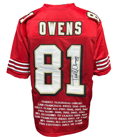 San Francisco 49ers Terrell Owens Hand Signed Autographed Custom Red Career Achievement Stat Jersey Includes JSA COA