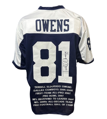 Dallas Cowboys Terrell Owens Hand Signed Autographed Custom Navy Career Achievements Stat Jersey Includes JSA COA