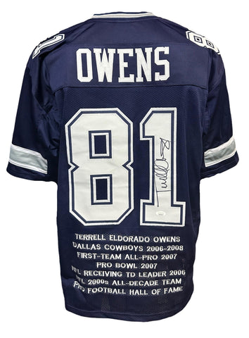 Dallas Cowboys Terrell Owens Hand Signed Autographed Custom Navy Career Achievements Stat Jersey Includes JSA COA