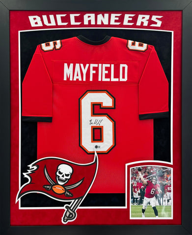 Tampa Bay Buccaneers Baker Mayfield Hand Signed Autographed Custom Red Jersey Framed with Suede Matting, XL 3D Logo, & Cutout Lettering Includes Beckett COA