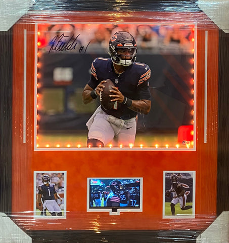 Chicago Bears Justin Fields Hand Signed Autographed 16x20 Photo Framed with Suede Matting, LED Lighting, & Video Highlights Includes Beckett COA