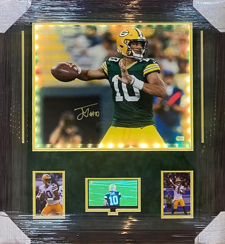 Green Bay Packers Jordan Love Hand Signed Autographed 16x20 Photo Framed with Suede Matting, LED Lighting, & Video Highlights Includes Beckett COA