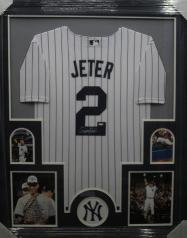 New York Yankees Derek Jeter Hand Signed Autographed Jersey Framed with Matting Includes Steiner COA