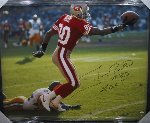San Francisco 49ers Jerry Rice Hand Signed Autographed Large Canvas with G.O.A.T Inscription Framed & Includes JSA COA
