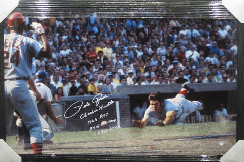 Cincinnati Reds Pete Rose Hand Signed Autographed Large Canvas with Charlie Hustle, 1963 ROY, 3x W.S. Champ, & 17x All Star Inscriptions Framed & Includes PSA COA