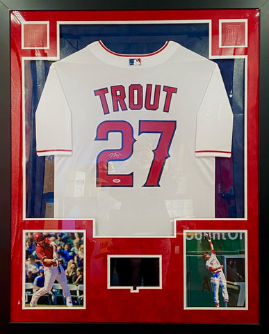 Los Angeles Angels Mike Trout Hand Signed Autographed Authentic White Jersey Framed with Suede Matting, LED Lighting, & Video Highlights Includes PSA COA