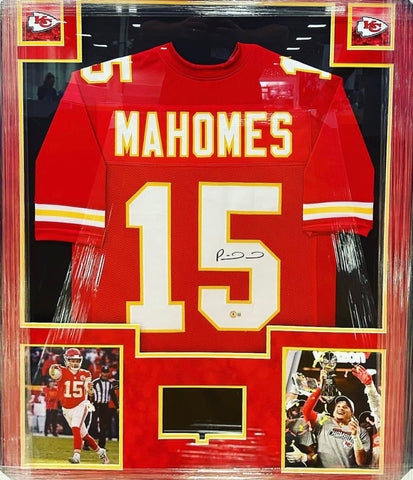 Kansas City Chiefs Patrick Mahomes Hand Signed Autographed Custom Red Jersey Framed with Suede Matting, LED Lighting, & Video Highlights Includes Beckett COA